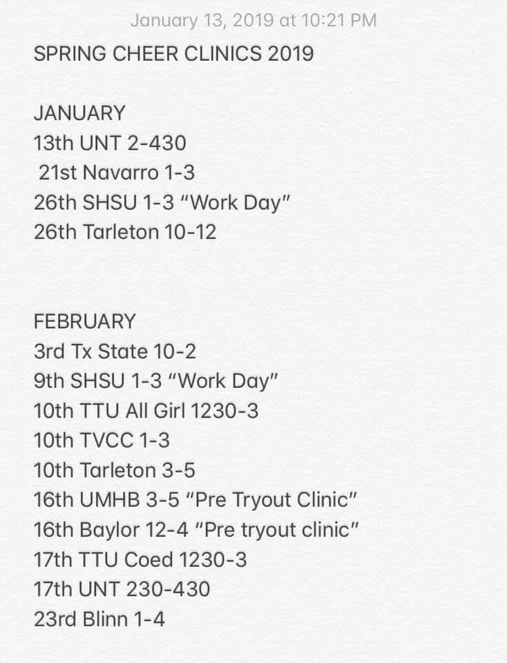 CCheerClinics's tweet photo. 2019 Spring clinics and tryouts dates! #collegecheerclinics #collegecheer #coed #allGirl #getrecruited https://t.co/r2PcDij5qY