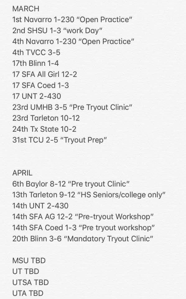 CCheerClinics's tweet photo. 2019 Spring clinics and tryouts dates! #collegecheerclinics #collegecheer #coed #allGirl #getrecruited https://t.co/r2PcDij5qY