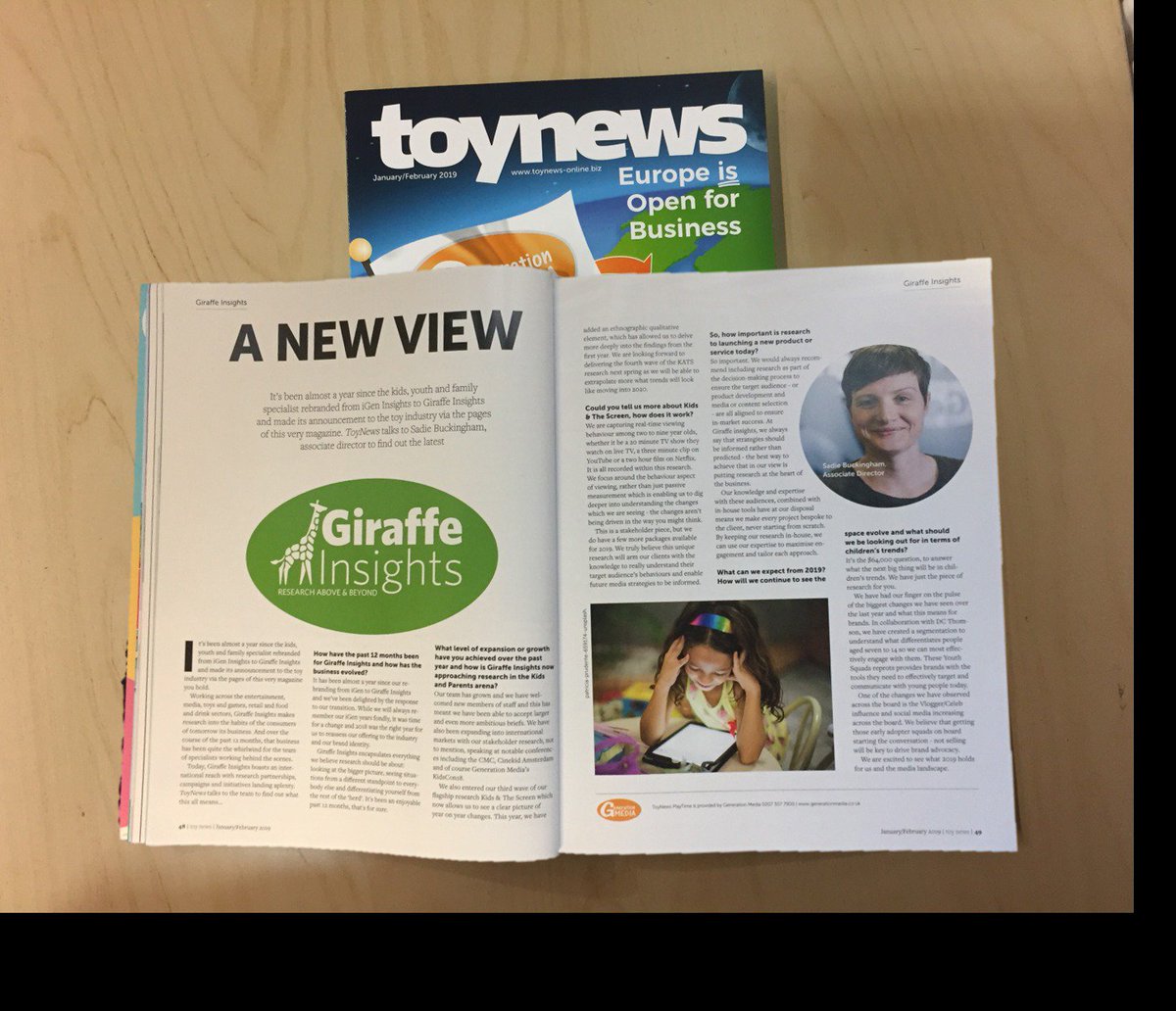 GiraffeInsights's tweet image. Check out our feature in the latest Toy News magazine!! Our Associate Director, Sadie Buckingham, gives you the latest on kids research and Giraffe Insights 

@ToyNewsOnline 

#kidsresearch #toynews #giraffeinsights #toys
