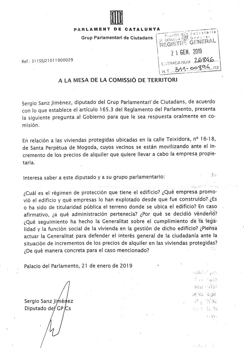 CSSantaPerpetua's tweet photo. 🍊📄Cs SPM presenta a través de nuestro Grupo Parlamentario unas preguntas al Govern de la Generalitat en relación a las vivienda de @CFilua

‼Instamos a la Generalitat a defender el interés general de la ciudadania ante las situaciones que vivimos con la VPO
#SantaPerpètua https://t.co/XF0FMym3T1
