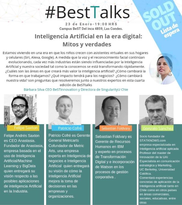 BarbaraSilvaIn's tweet image. Hoy a las 19:00 hrs. comienza #BestTalks junto a grandes invitados; @fasaxton, @pcofre, @sebafoldvary y Gonzalo Sánchez, quienes conversarán con @barbarasingular sobre mitos y verdades de la #IA. ¡Síguenos en twitter donde compartiremos los momentos más importantes de hoy!
