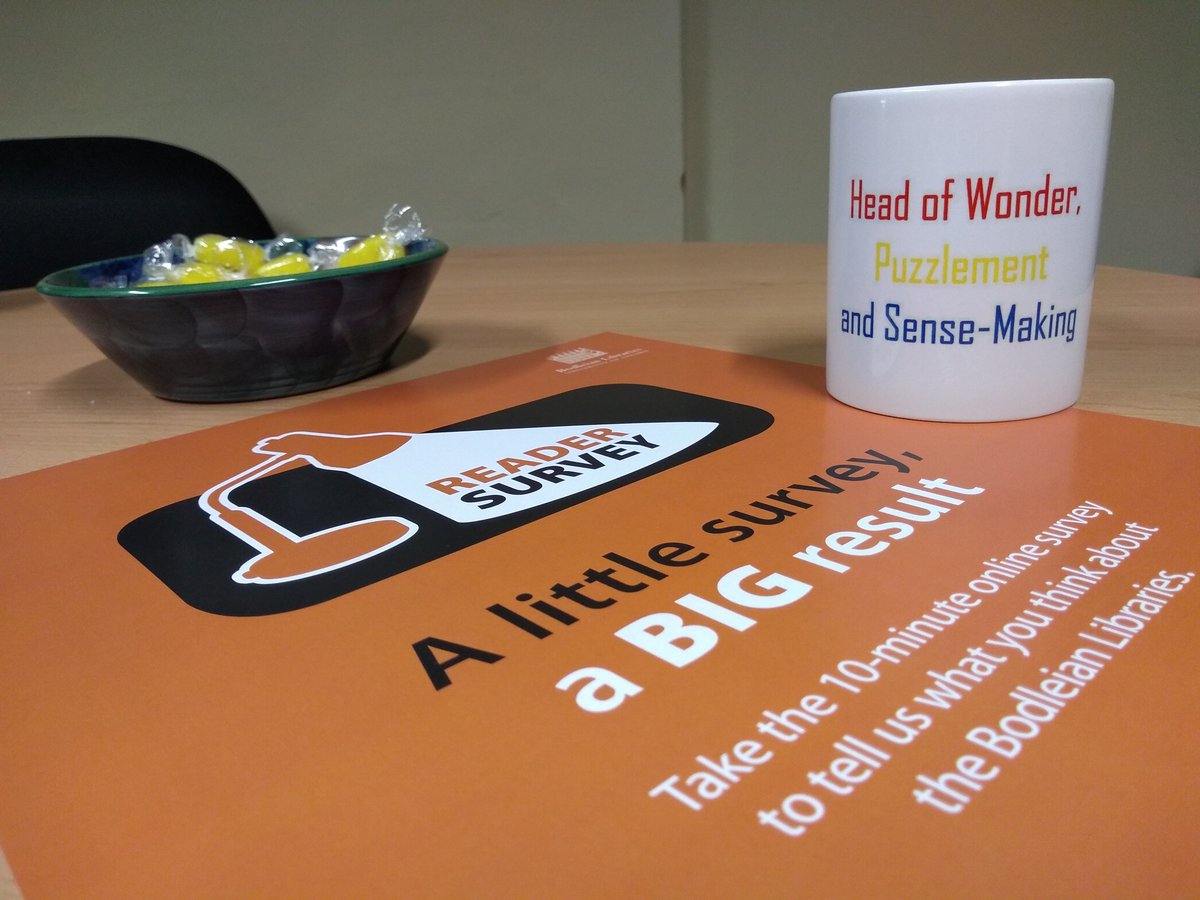 The @BodleianLibs Reader Survey is ON and seeking feedback from all #BODcard holders.

Students received an email nudge from @RichOve this morning, and now we're sitting here, enjoying a cuppa, watching the results roll in. #littlesurveyBIGresults bodleian.ox.ac.uk/reader-survey