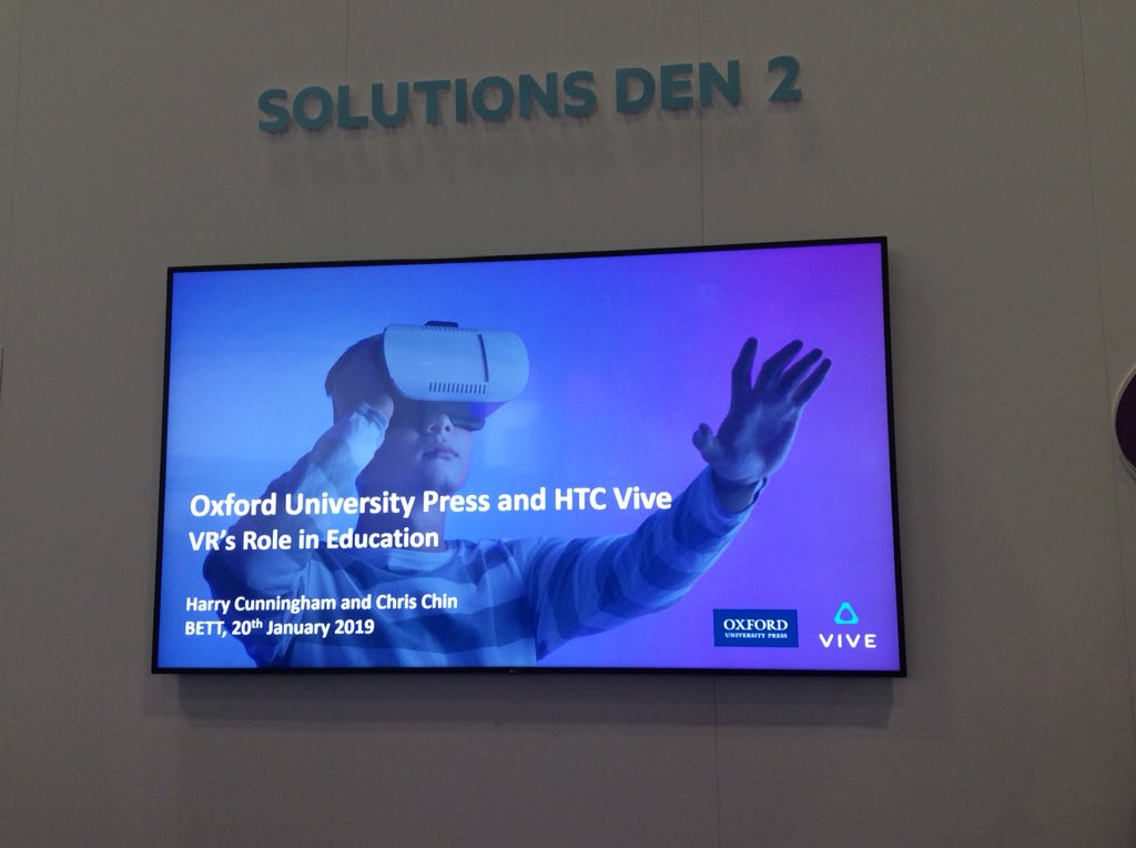 OUPELTGlobal's tweet photo. Virtual reality has the potential to change the way that we work, play, and communicate. Representatives from OUP and @htcvive take to the stage at #BETT2019! https://t.co/d5ZdCfohHs