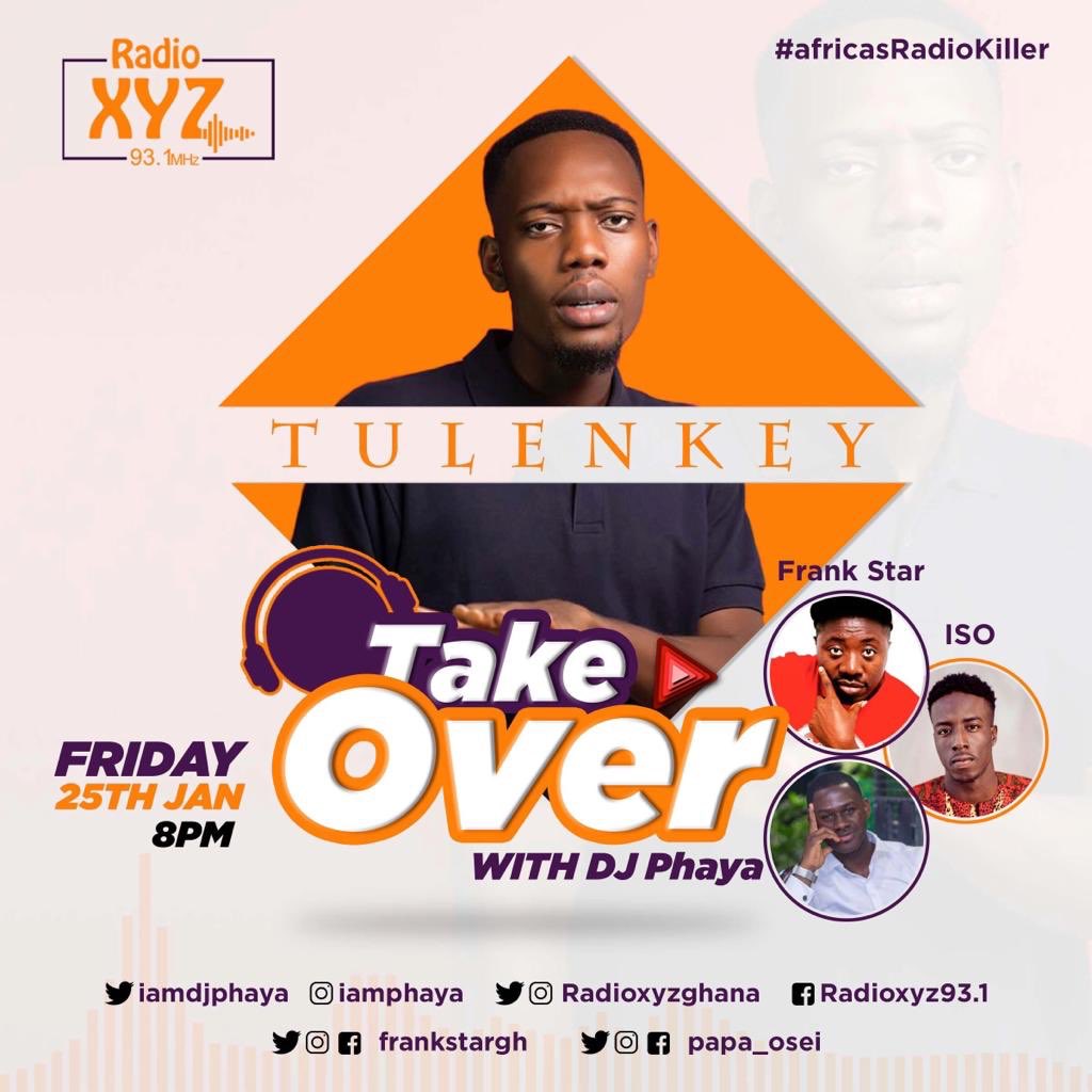 This Friday on #TakeOver <a href="/Tulenkey/">Casanova</a> on <a href="/radioxyzghana/">radioxyz 93.1mhz</a> 93.1 8pm 
With my squad <a href="/frankstargh/">FR🔺NKST⭐R</a> x <a href="/papa___osei/">DJ ISOE</a> 
Get interactive with us via our 📱 txt 0500000039 
Streaming live myxyzonline.com 
Free movie 🎥 tickets to pick on the show.. <a href="/SilverbirdGhana/">Silverbird Cinemas Ghana</a> 📻 . 
Tell a friend..