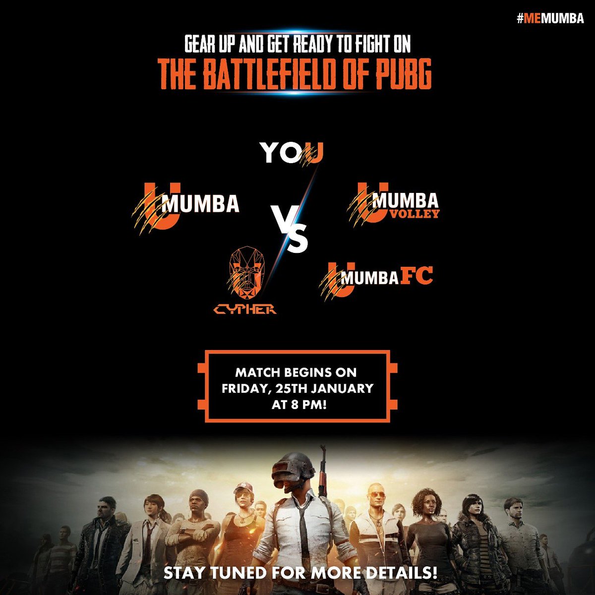 umumba's tweet photo. Join our #Mumboys on the battlefield for a friendly game of PubG on 25th Jan, 8 PM onwards. Stay Tuned for more details!
#UMumba #MeMumba #Mumboys #PUBG #UMumbaVolley #UMumbaFC #UCypher https://t.co/TSKxahARnJ