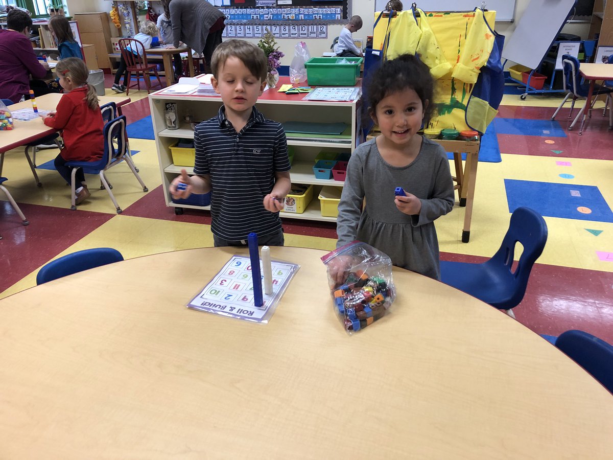 Math is fun in Pre-k.  We played “Roll and Build”.  Using dice and cubes, we broke into teams, counted the # on the dice, identified # on their chart, built towers which their partner “double checked” for accuracy.  #TrinityLearns <a href="/MsAprilsPreK/">April Patton</a> <a href="/Ajonesprek/">Anne Jones</a>