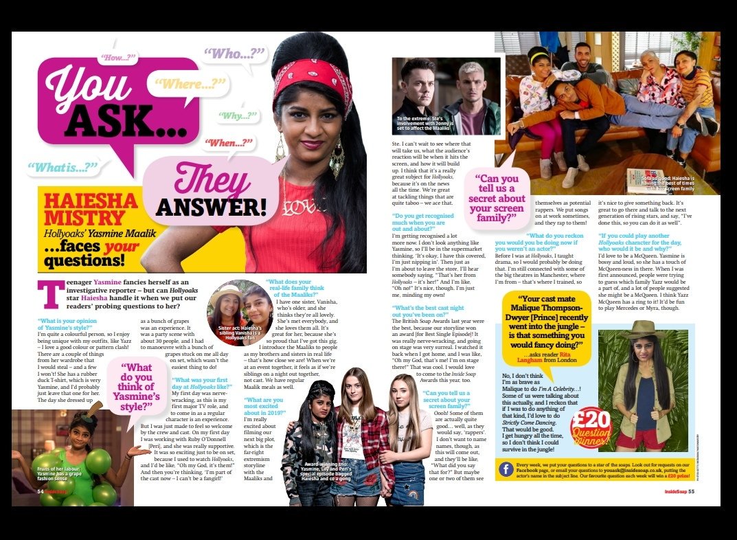 HaieshaMistry's tweet photo. Grab this weeks @InsideSoapMag to read my latest interview! You asked I answered! Talking all things @Hollyoaks #hollyoaks #yasminemaalik #insidesoapmagazine #readersquestions #interview https://t.co/0xf3CHvXmw