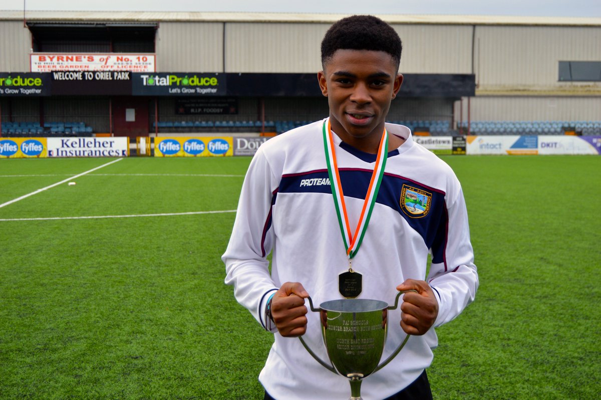 DundalkFC's tweet photo. 🏆 Congratulations to #DundalkFC U17 star, Jeff Nwodo (@dccnewsfeed), on winning the @faischools North East Region Senior U19 Division 2 trophy against @DroghedaGrammar at Oriel Park this afternoon 👏 https://t.co/w6LCl3eoIS