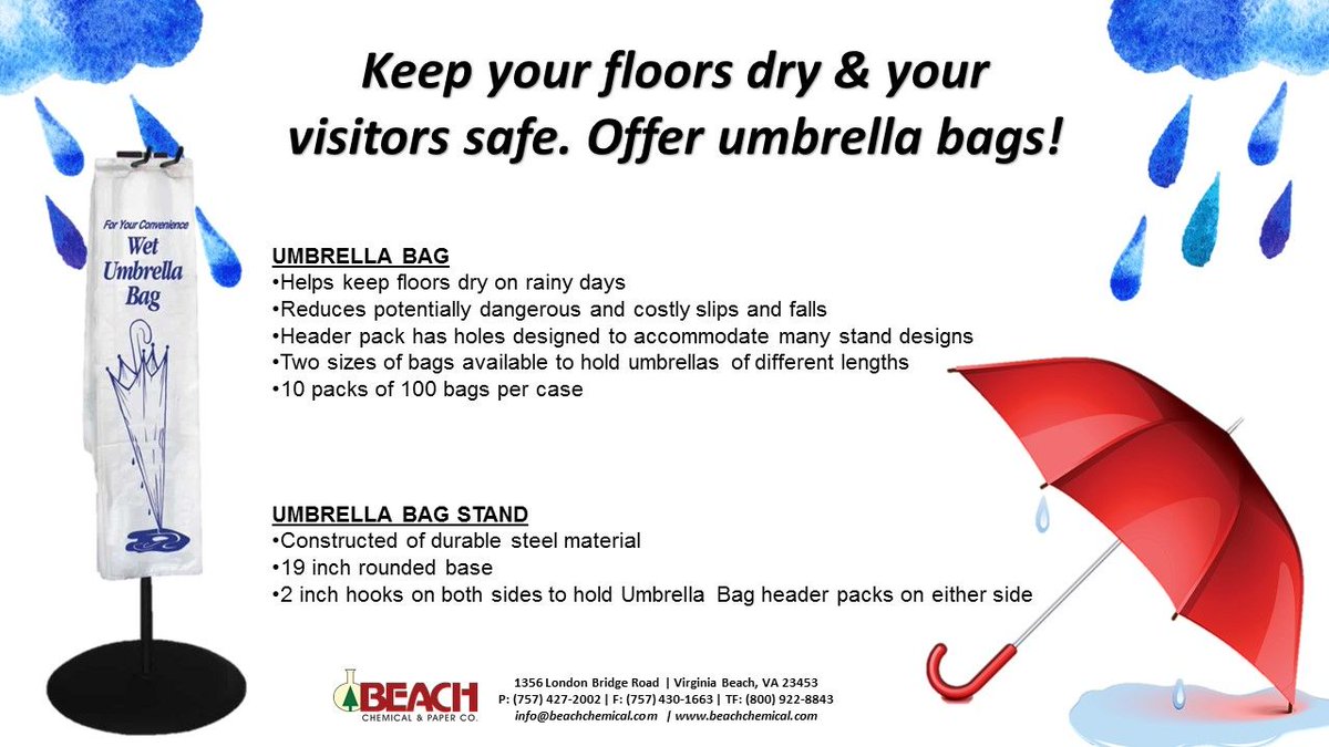 BeachChemPaper's tweet photo. Umbrella Bags are your answer to safe &amp; dry entry ways. Are you prepared for the wet weather in our forecast? Call and order yours today!
#BeachGermPatrol #rain https://t.co/97jW1VW6wO
