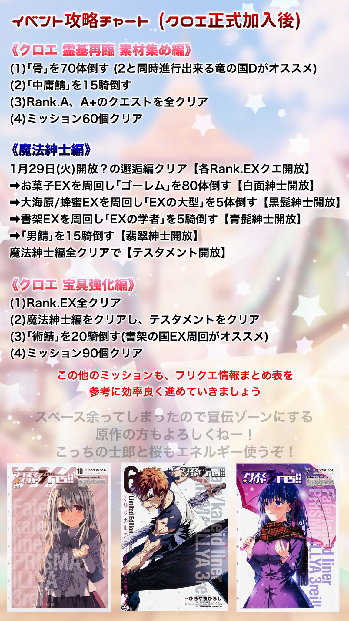 鳥 Fgo On Twitter Fgo プリヤコラボイベント 復刻版 魔法少女紀行 プリズマ コーズ Re Install 攻略画像 敵構成ほかミッション関連情報をまとめたフリクエ情報表と 効率良くミッションを進めるための攻略チャートです クロエ加入後のもアリ 復刻で変更点があったら