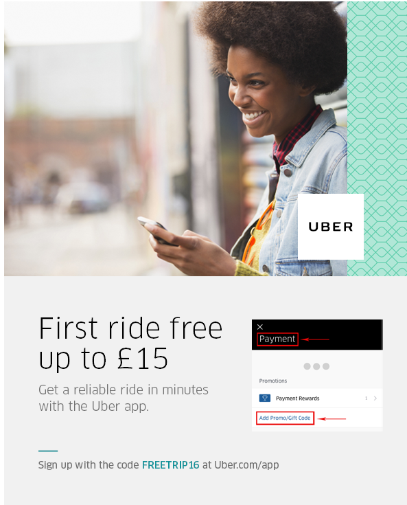 We and our partners from Uber are offering a free ride, worth 15£. Download the Uber app, create a account and add the FREETRIP16 Gift Code in the Payment tab.