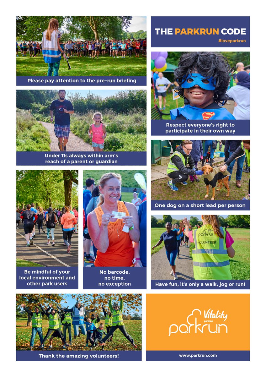 Some #parkrun rules:

✅ print barcode
✅ arrive by 8:45am
✅ listen to the briefing/s
✅ keep to the left
✅ be considerate of other heath users
❌ don't be a "funnel ducker"
❌ don't take finish token home
✅ thank volunteers
✅ consider volunteering yourself

#dfyb #community