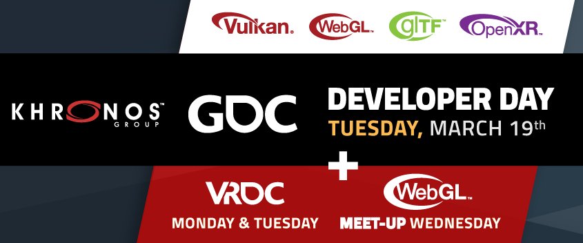 Khronos Group at GDC 2019 - Developer Day sessions, OpenXR Table and WebGL Meetup - session schedule now online khronos.org/events/2019-gdc #gltf #webgl #openxr #vulkan #opengles