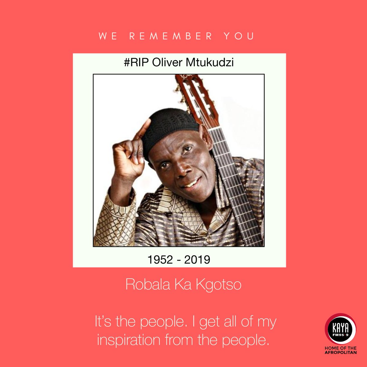 KayaON959's tweet photo. [A GIANT FALLEN]  Legendary musician and philanthropist Oliver Mtukudzi has passed away.  May his soul rest in peace, zorora murugare. https://t.co/9hEHaQECjA