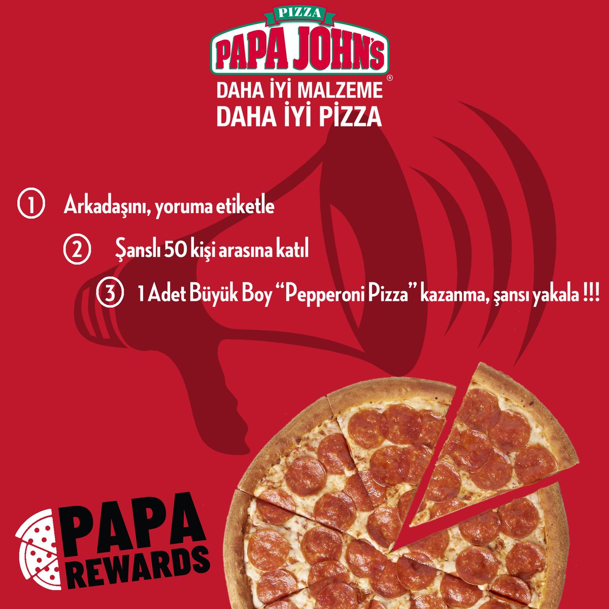 papajohnstr's tweet photo. 23-27 Ocak tarihleri arasında, arkadaşını yoruma etiketle. Şanslı 50 kişi arasına katıl, 1 adet büyük boy Pepperoni pizza kazanma şansı yakala! 🎁❤🍕 #pizza #kampanya #lovepapajohns #hediye https://t.co/3fSL4PMQSO
