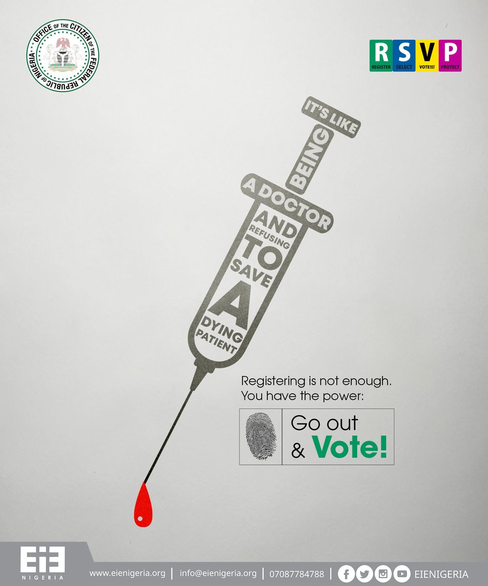 EiENigeria's tweet photo. If you’re thinking about staying home on the next Election Day, remember that there are more reasons to cast a vote than there are reasons not to.

#NigeriaDecides2019 #RSVP #NoPVCNoVoting https://t.co/QQVGj9B7iK
