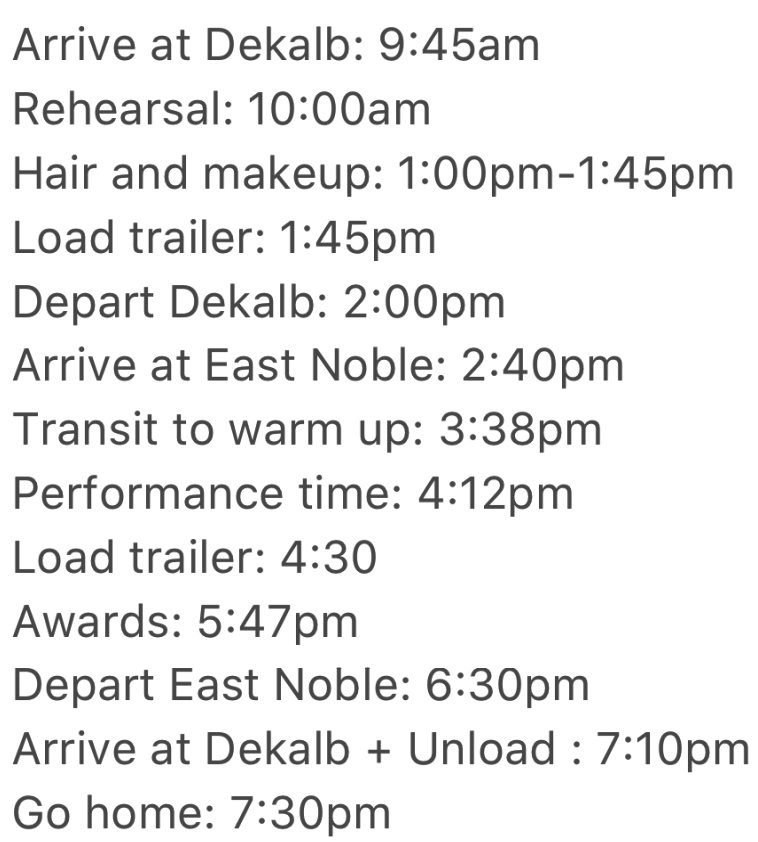 DekalbBands's tweet photo. WG: Here is the schedule for East Noble this weekend. A show day checklist and additional information will be following soon. If you have any questions please reach out Brittany. If you're not in color guard GO SUPPORT YOUR FAMILY at EN Saturday #firstcompetition #excited #family https://t.co/HnowUsCHqq