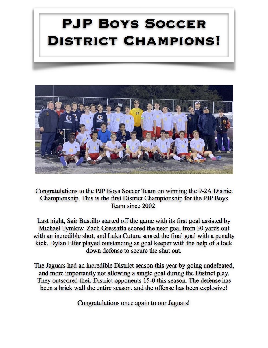 PJP Boys Soccer are District Champions!