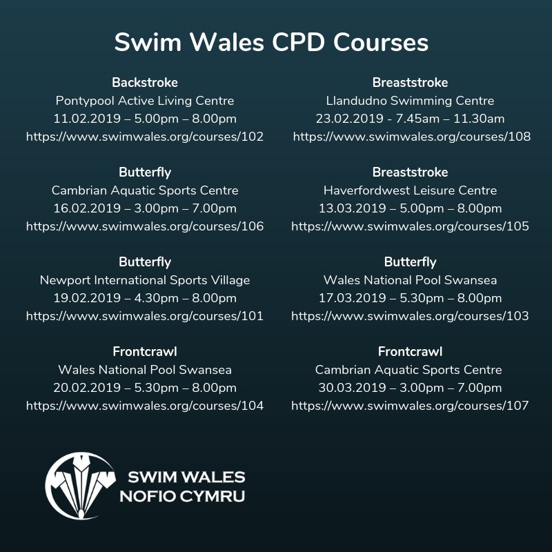 TrainingSwim's tweet photo. **Swim Wales CPD Dates** These courses will be the only round of Stroke CPDโs this year and are a top up to those Swim Wales have already ran. All NEW Swim Wales coaching courses will include the Drill progression framework and will be taught as part of the course. #swtraining https://t.co/K4m5JyMS4x