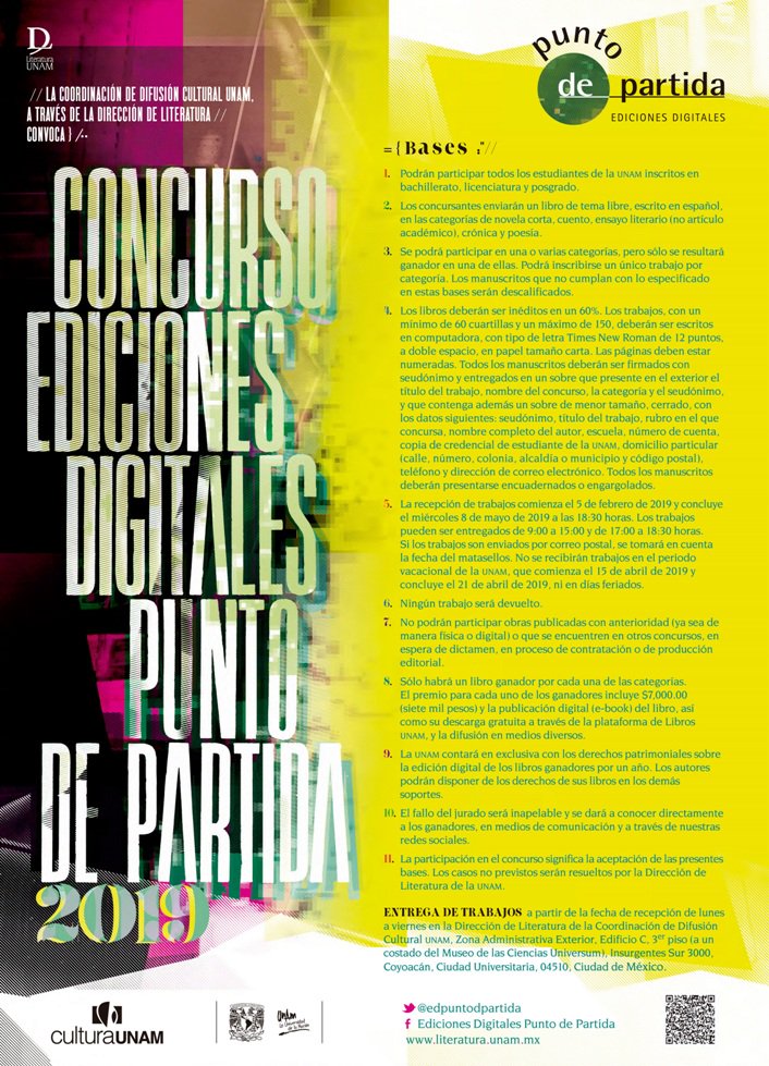 #ConcursoLiterario de <a href="/edpuntodpartida/">Ediciones Digitales</a> 

Si estudias en la <a href="/UNAM_MX/">UNAM</a> bachillerato, licenciatura o posgrado participa 
💫Novela Corta
💫 Cuento
💫 Crónica
💫 Ensayo literario
💫 Poesía
