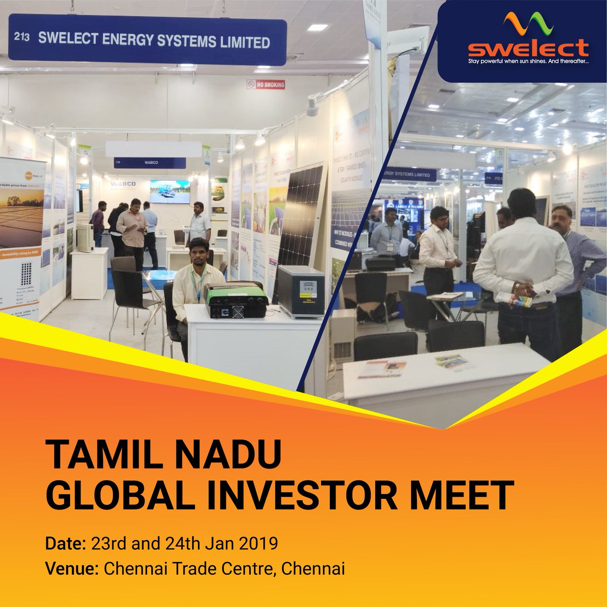 SwelectEnergy's tweet photo. Welcome to Tamil Nadu Global Investor Meet 2019
Date: 23rd and 24th January 2019
Venue: Chennai Trade Centre, Chennai
Hall 1 / Stall No: 210
#TamilNaduGlobalInvestorMeet2019
#TamilNaduGlobalInvestorMeetExpo2019 #TamilNaduGlobalInvestorMeet #Expo #Chennai #SolarPowerwithSWELECT https://t.co/h7lUiJ6p4y