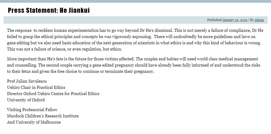 antonioregalado's tweet photo. New: pro-enhancement ethics scholar Julian Savulescu @juliansavulescu statement on Jiankui He and CRISPR babies. 

"The response ... has to go way beyond Dr. He's dismissal." https://t.co/Cj9nIonijy