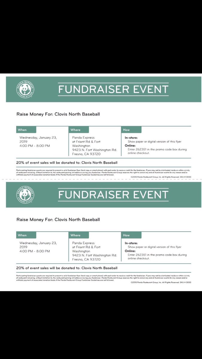 Come help Clovis North Baseball raise some $$ tonight. Show this flyer at the Panda Express on Friant and Ft Washington and 20% goes to Bronco Baseball! Thanks for the support. Go Broncos!