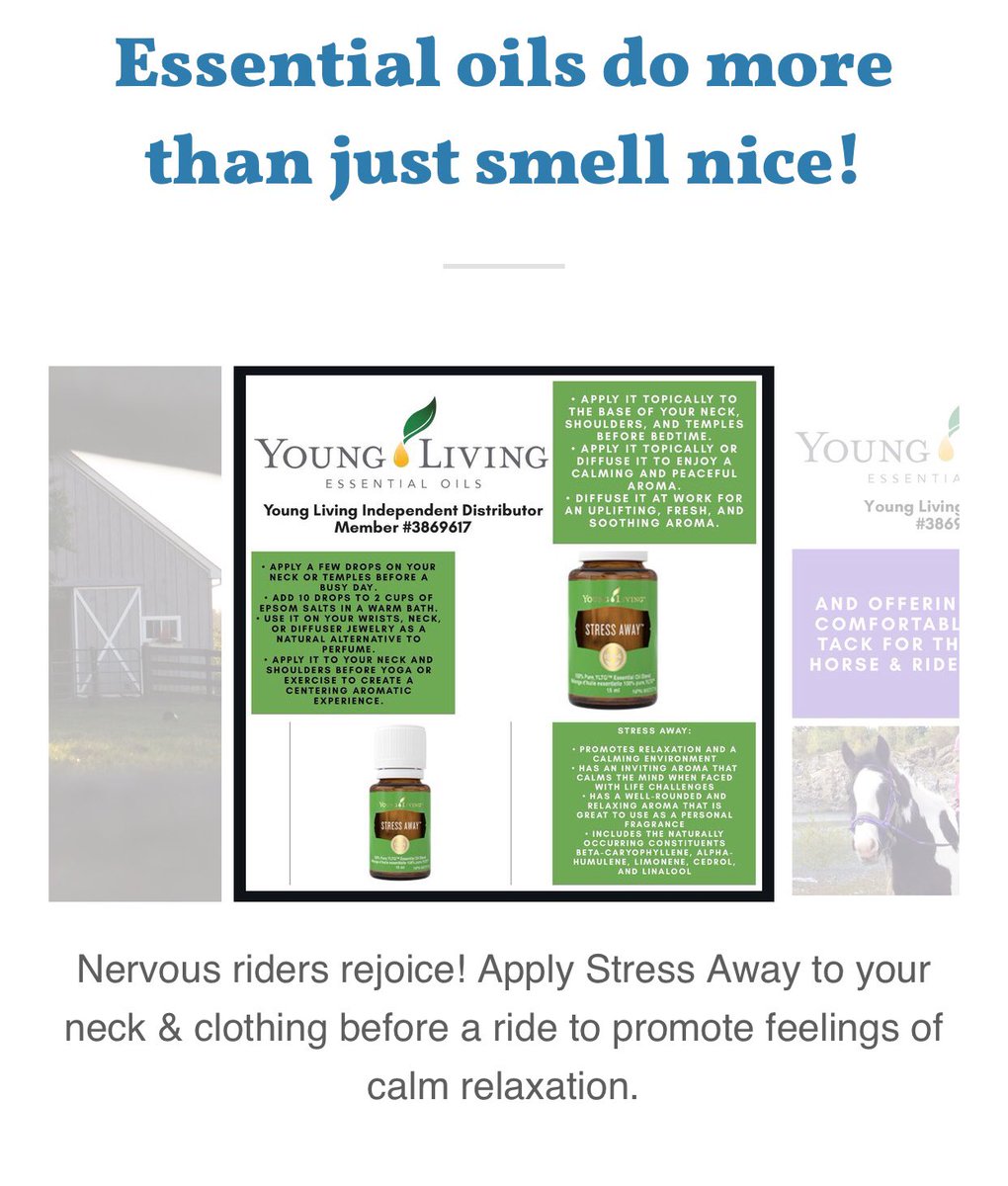 Nervous #riders rejoice! Apply #stressaway #essentialoil to your neck, &amp; clothing before a ride to promote feelings of calm relaxation, which will also help your horse’s feelings. What’s in it? How can you get it? We have those answers &amp; are happy to share in an email!
