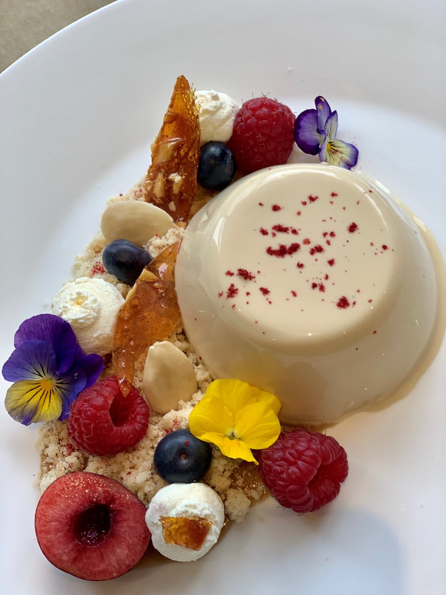 SamP_Kitchen's tweet photo. Testing in the kitchen today. Espresso panna cotta, cardamom shortbread crumb, salted almond praline, butterscotch sauce and fruit. The flavours are all there, now the plating needs a slightly more delicate touch.😃.. https://t.co/wcypuvu7hp