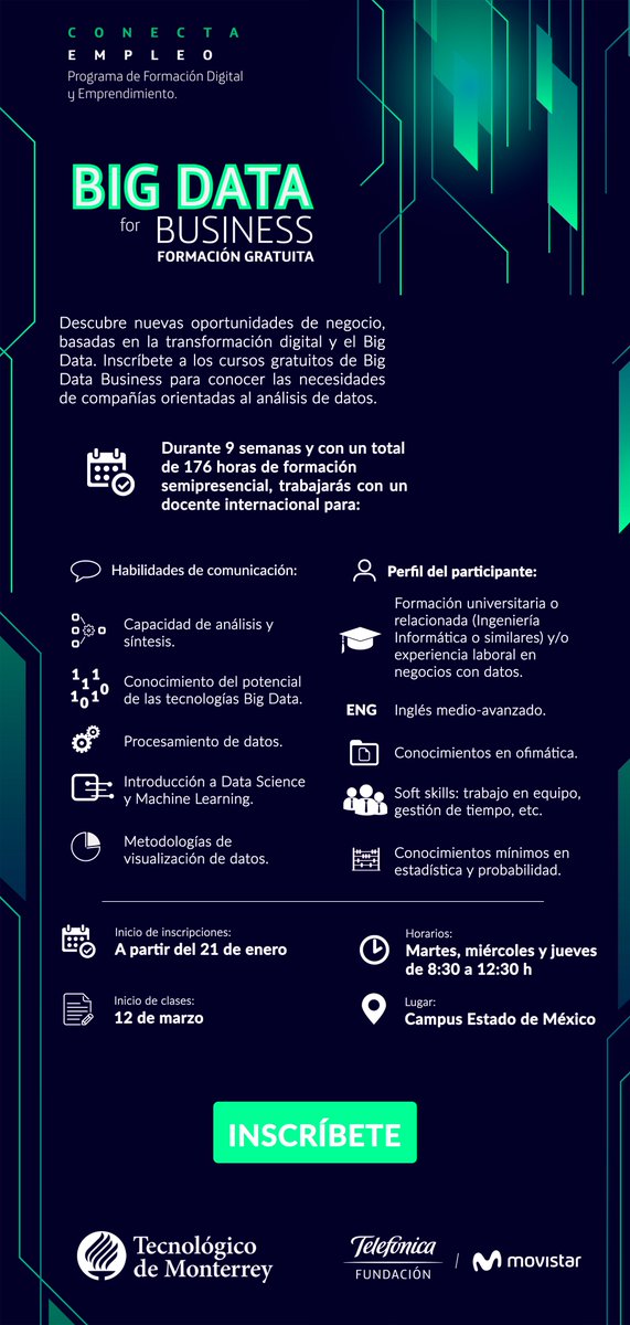 ehecdmx's tweet image. #Atención ¡Cursos gratuitos #BigDataforBusiness!
Inscríbete para conocer las necesidades de compañías orientadas al #AnálisisdeDatos.
Bases e inscripciones en: bit.ly/2CFoic9
@EHEITESM @ITESMCEM @Tec_CCM @Tec_CSF @ConectaTECmx @CSocialesTec @EDIAteccem @TecdeMonterrey