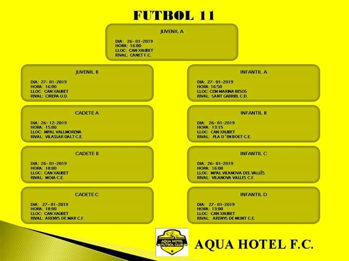 AQUAHOTELFC's tweet photo. 📆⏰ 🔝🔝🐝⚽ Horaris 📋.
Partits Cap de Setmana 26 i 27 Gener !!!
@AQUAHOTELFC @aquahotel @pinedademar @RadioPinedaFM #CanXaubet #CanFeliuManola #futbolbase #escoleta #granprojecte https://t.co/X4f3IPa2W6