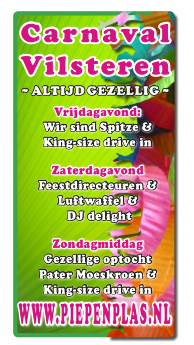 Let op! 
Dit jaar zullen de kaarten voor het carnavalsfeest in Vilsteren op zaterdagavond niet meer bij de tent worden verkocht. 
De kaarten worden digitaal verkocht via onze site piepenplas.nl. 
Voorverkoop start op 
11 februari om 20:11 uur.