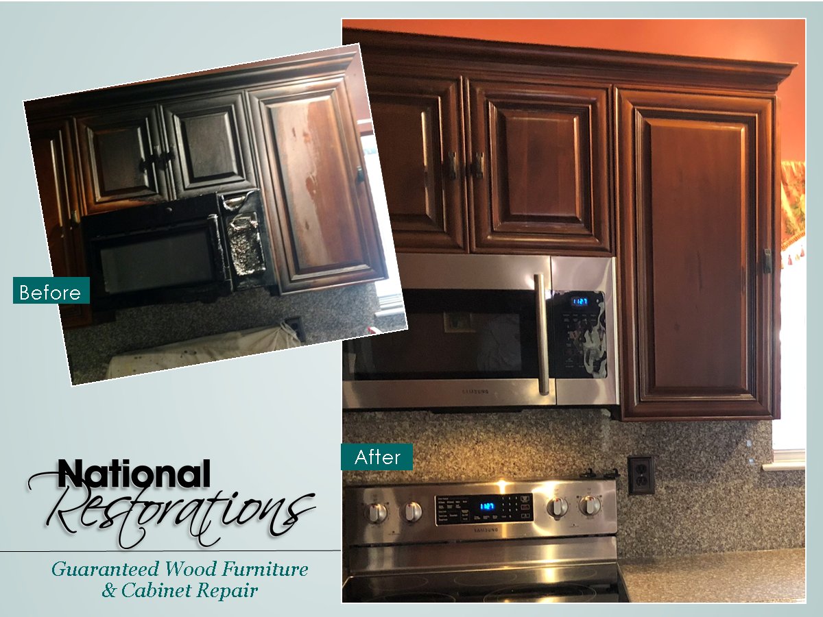 ThinkRestore's tweet image. Before and after pictures of a restoration of fire damaged cabinets - we were even able to refinish and use the existing doors.