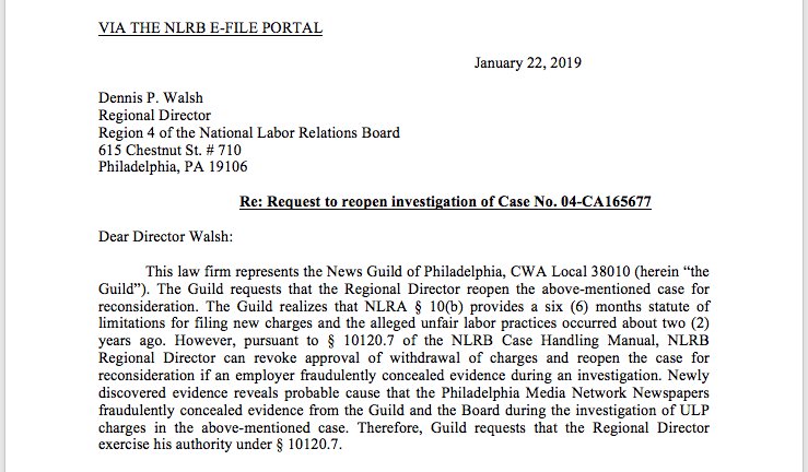 Today, we asked <a href="/NLRB/">NLRB</a> to re-open an unfair labor practice investigation into the Inquirer’s (@phillydotcom) parent company, Philadelphia Media Network.

It’s based on newly obtained information that leads us to believe the company lied to us during contract negotiations in 2015.
