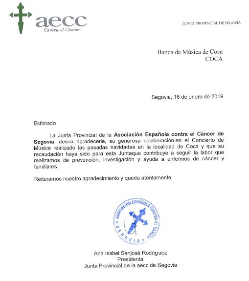 Este año hemos decidido donar 400 euros de la recaudación del tradicional Concierto de Navidad a la Asociación Española Contra el Cáncer en #Segovia.

¡Mandamos mucha fuerza y ánimo a todos los enfermos de cáncer, así como a sus familiares! 

¡NO ESTÁIS SOLOS! 💪💚