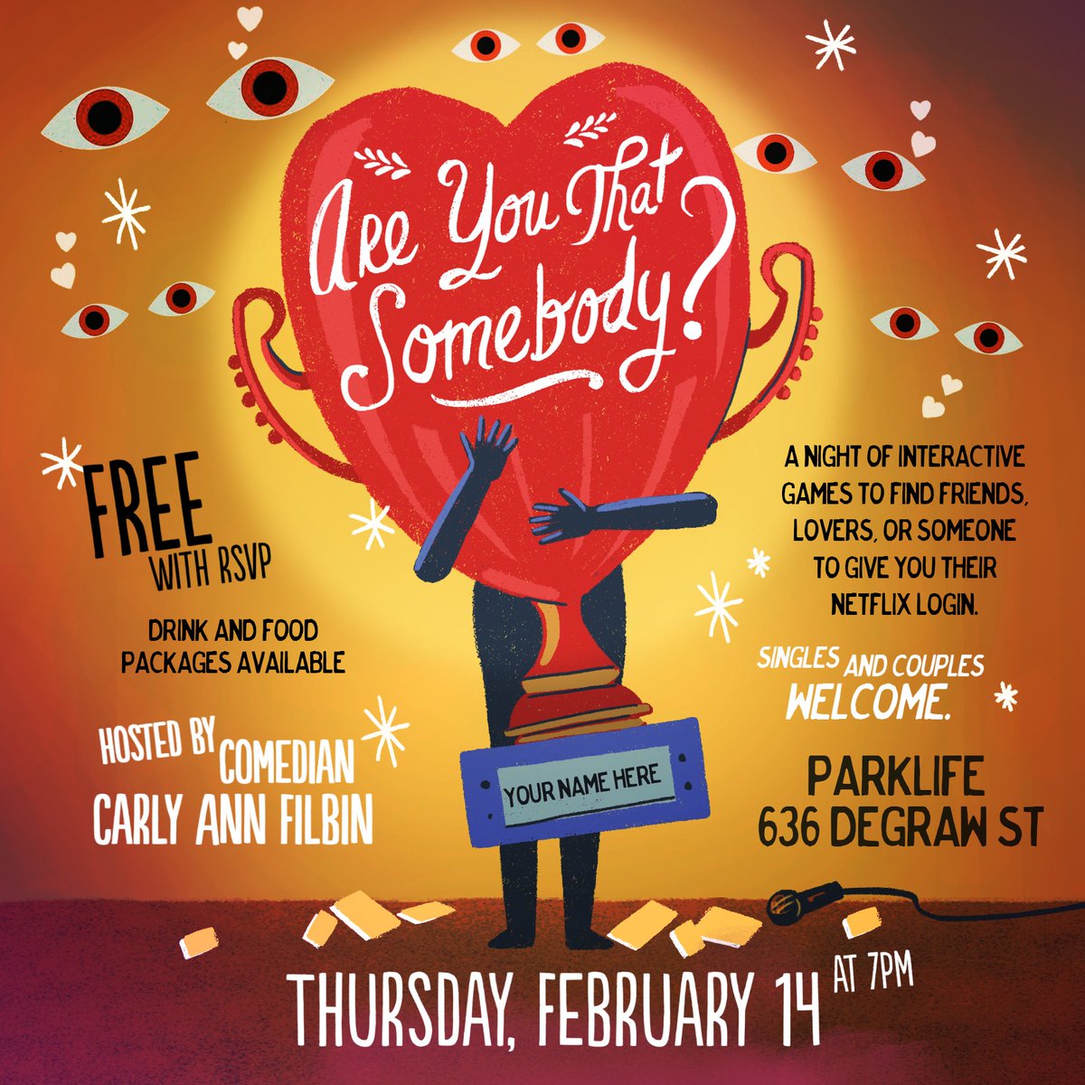 ParklifeBK's tweet image. THU 2/14: Don't have a boring Valentine's Day - join us instead for a rousing night of interactive games at Are You That Somebody? hosted by comedian @carlyannhasfun! It's free w/ RSVP (food and drink packages available).
RSVP: bit.ly/2R9EoQ8
#datinggames #ValentinesDay