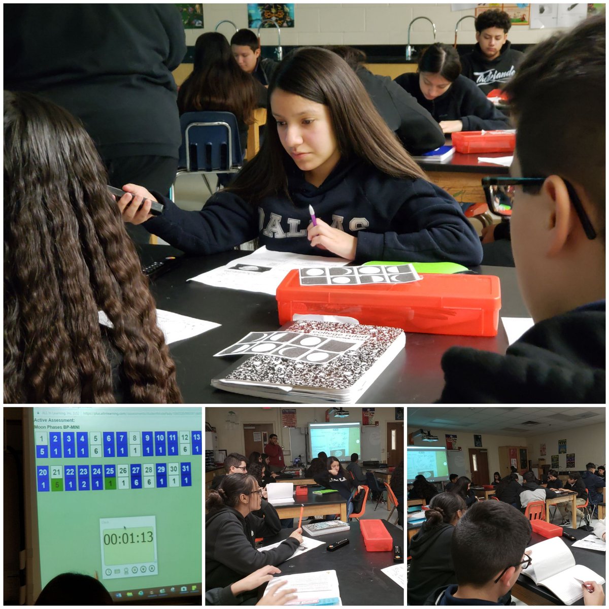 ZealousEducator's tweet photo. Science students using hands-on manipulation to learn about moon phases. They use #AllInLearning technology to take a quiz for data collection. #FWISD #RosemontMS #FWISDcurriculum https://t.co/xcjmzkE2GD