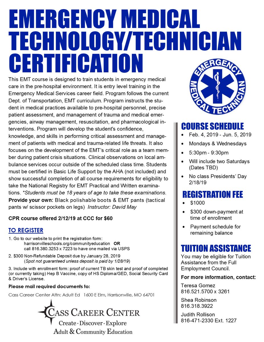 CCCCommunityEd's tweet image. TUITION ASSISTANCE AVAILABLE FOR ELIGIBLE EMT STUDENTS!!! We are holding open our EMT course registration period for another week to help students get the course paid for by the Full Employment Council!!  Call for more info.  816-380-3253 and ask for Felicia.  @CassCareerCentr