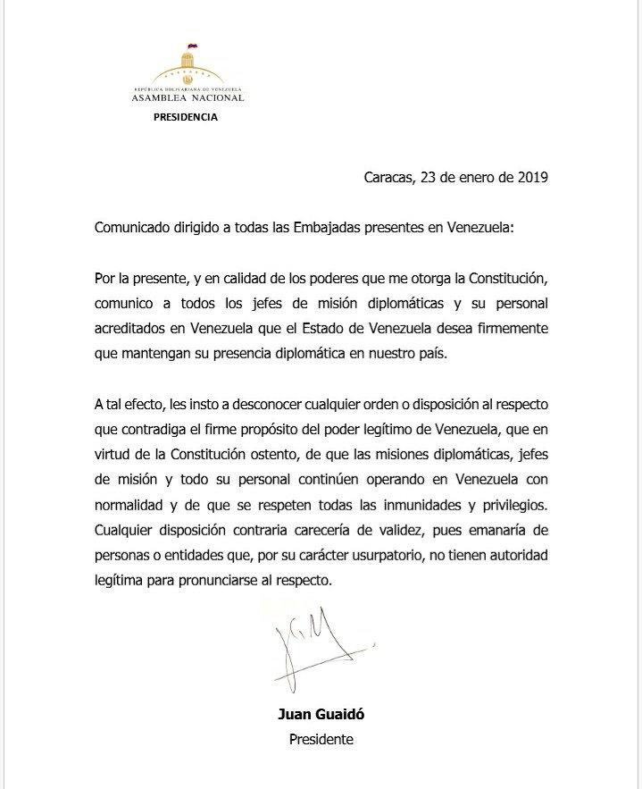 LesterToledo's tweet image. #ATENCIÓN El presidente @jguaido envia este comunicado a todas las embajadas presentes en Venezuela: