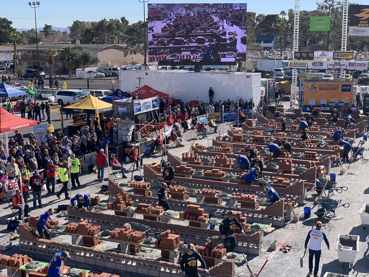 matluschek's tweet photo. Who’s the fastest brick layer? This is a thing happening now at the World of Concrete. https://t.co/Tmj3HPpJ52