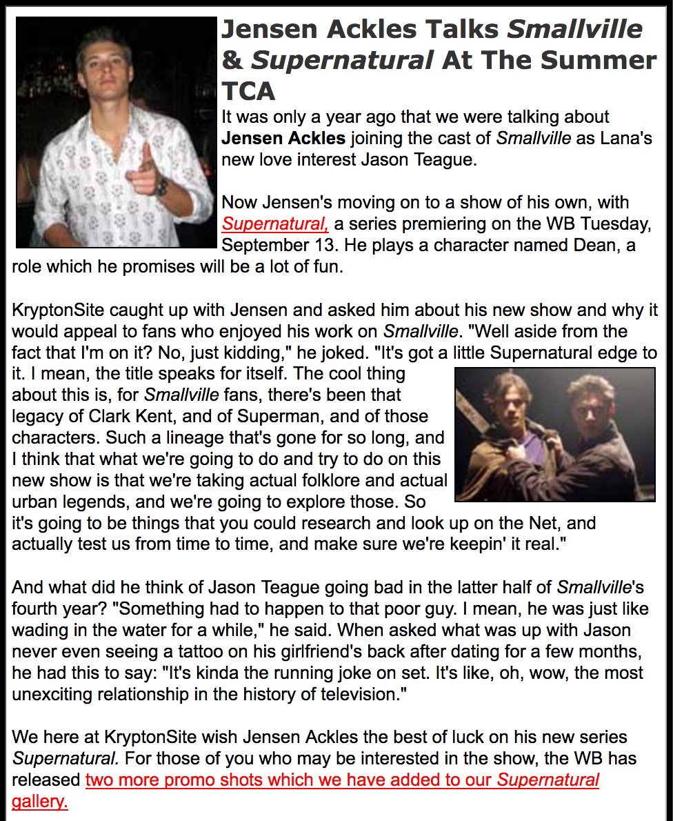 KSiteTV's tweet image. In honor of #SPN300 here&apos;s the first interview I ever did with @JensenAckles. Had to dig it up from the Web Archive.