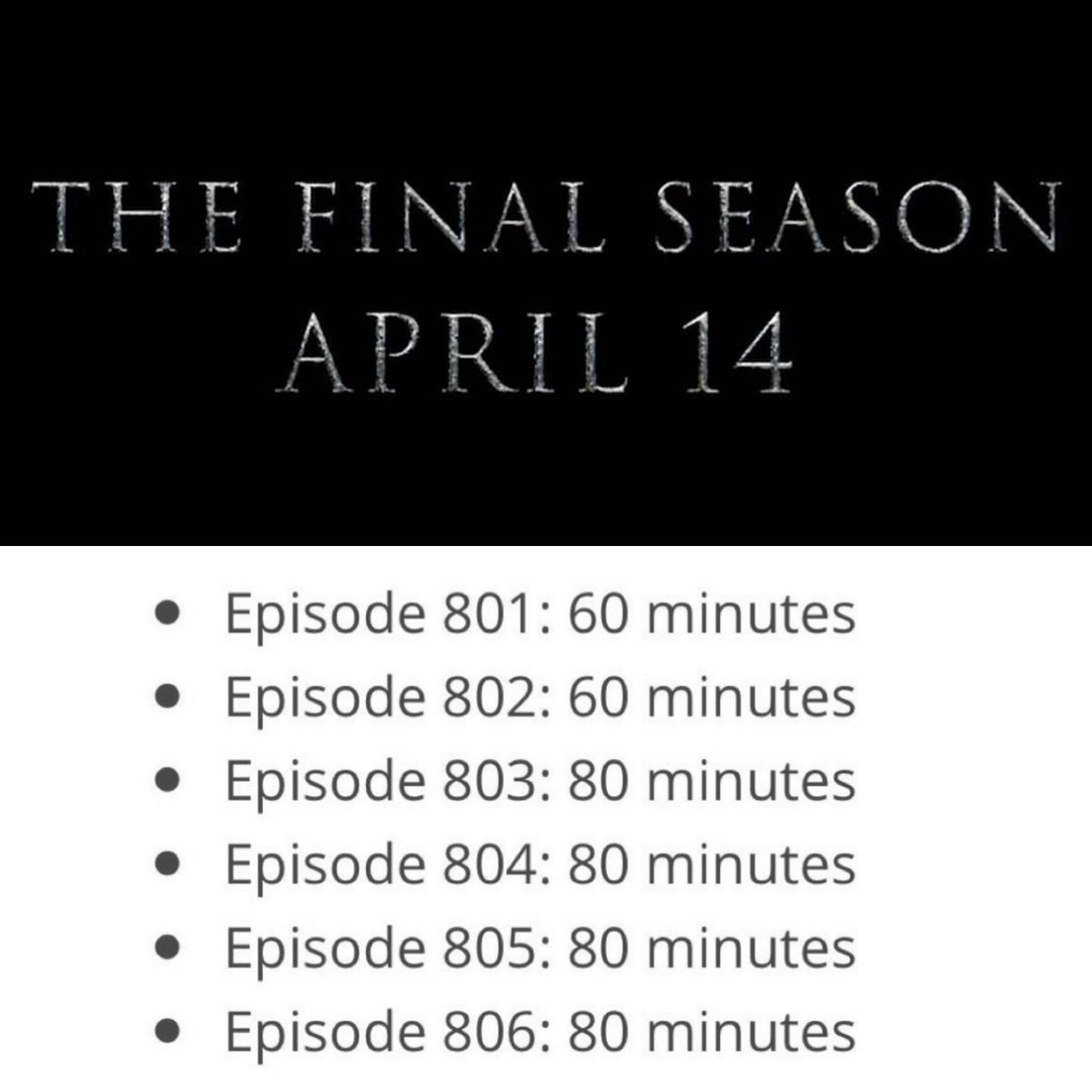 The runtimes for each of the six episodes in Game of Thrones ⁠season 8!