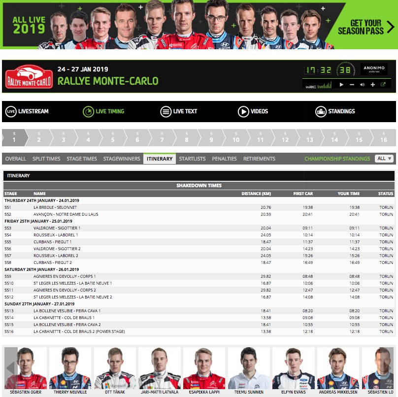 OfficialWRC's tweet photo. Official #WRC Live Timing 👉
https://t.co/O9QP7DRVrL 

Shakedown #RallyeMonteCarlo starts Thursday 10am (CET), watch out for Facebook Livestream! #WRCLive #WRC 

@ACM_Media @fia @AnonimoWatches https://t.co/iFs9NygcKy