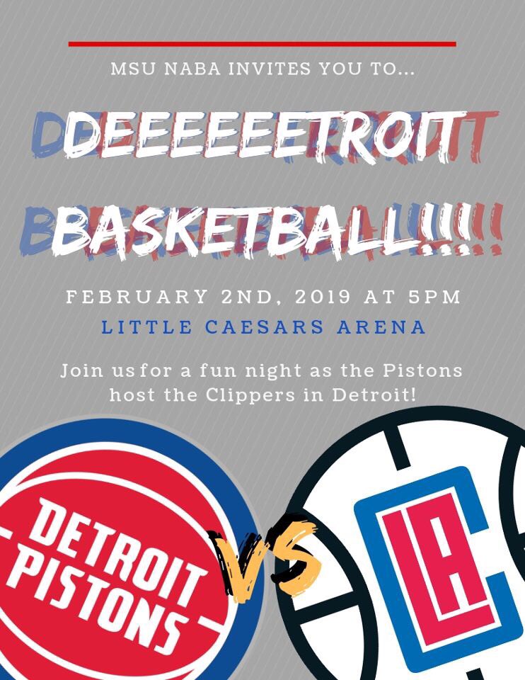 NABA_MSU's tweet photo. Who wants to go to a Pistons game?!?! MSU NABA invites you to go to a game with us! Pricing for tickets and transportation is $25! Contact any eboard member for more details!

The link to the Pistons game is: https://t.co/v0rjbZ9WYm https://t.co/mvxzfDRIoE