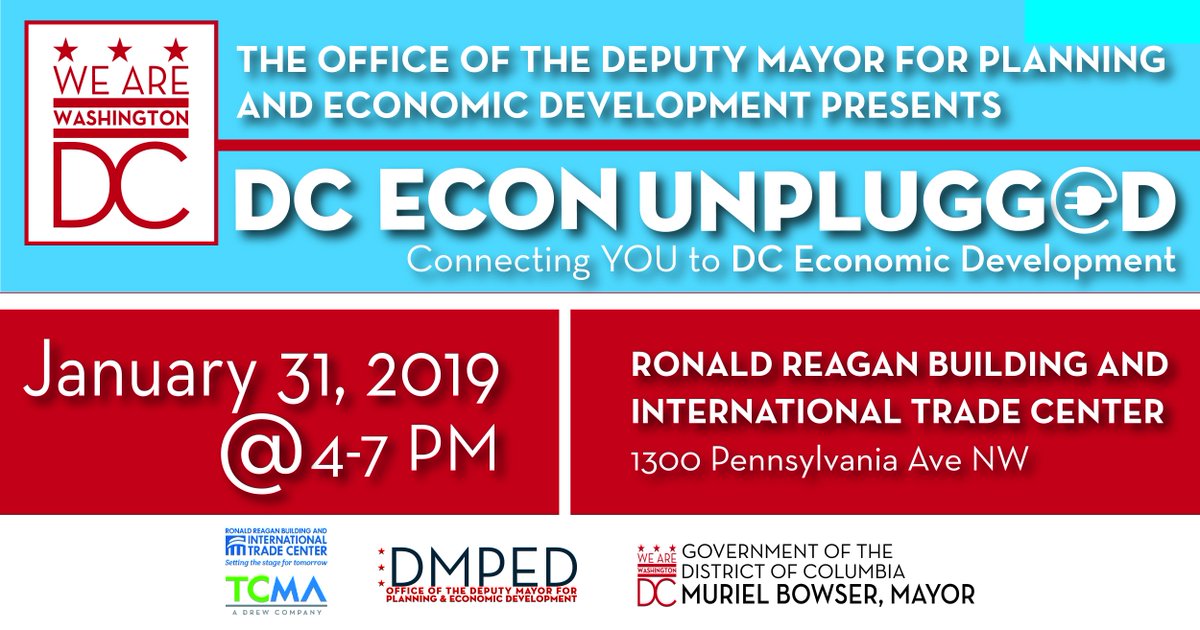 DCDHCD's tweet photo. DHCD invites you to join us at the @ReaganITCDC on January 31st from 4- 7 PM to meet economic development leaders, ask questions, and enjoy entertainment and food tastings! RSVP NOW: https://t.co/ZEU0rPWFp0 #Open4YouDC https://t.co/kDulxjCLqQ