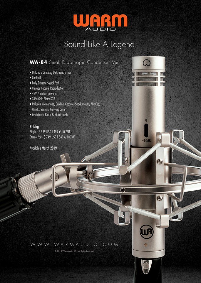 NEW PRODUCT ANNOUNCEMENT! Introducing the WA-84 Small Diaphragm Condenser Microphone. Offered in Nickel & Black finishes.
Single - $ 399 USD | 449 € INC VAT
Stereo Pair - $ 749 USD | 849 € INC VAT
Available March 2019!
https://warmaudio.com/wa-84/
#warmaudio #teamwarm #wa84