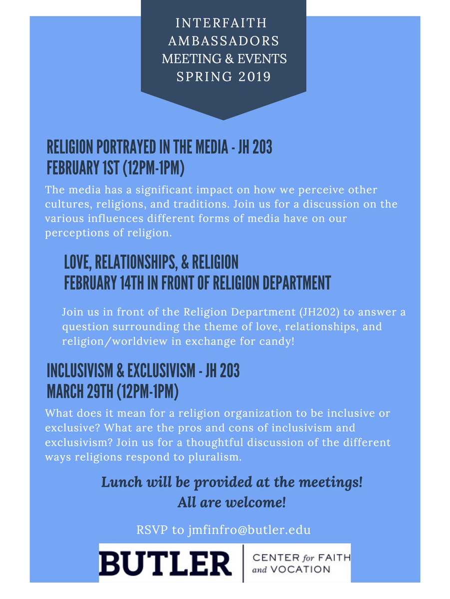 ButlerCFV's tweet image. Mark your calendars! Butler's Interfaith Ambassadors are having several discussion meetings throughout the semester. The first one is on Friday, Feb. 1st. @butleru @ButlerSGA