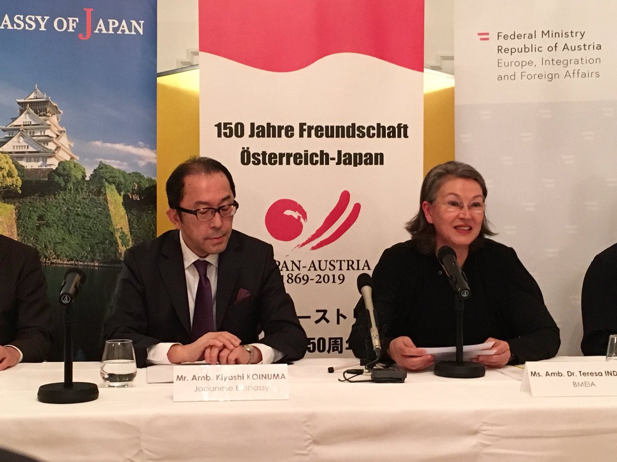 In Wien eröffneten Bot. Teresa Indjein, Leiterin der Sektion für Kulturelle Auslandsbeziehungen im BMEIA &amp; der japanische Botschafter Kiyoshi Koinuma heute das 150. Jubiläumsjahr der Aufnahme diplomatischer Beziehungen zwischen #Österreich &amp; #Japan 🇦🇹🇯🇵