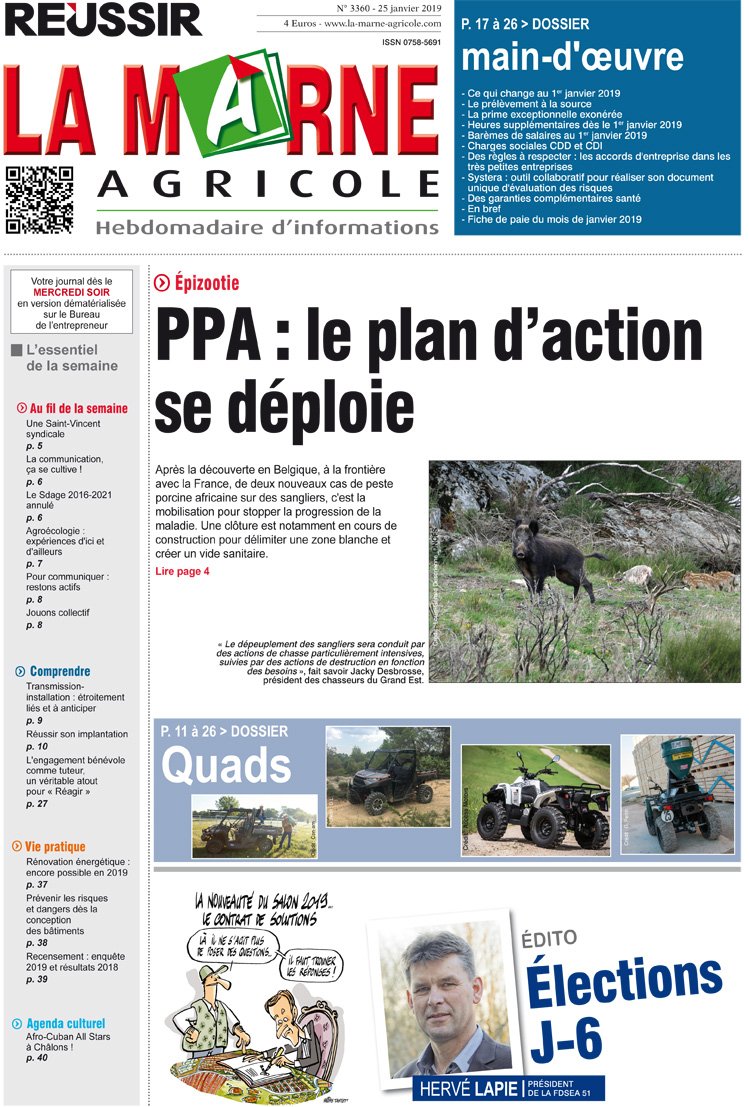 Votre journal du 25 janvier est en ligne 📰 #àlaune :

▶ peste porcine africaine : le plan d'action se déploie 🐽
▶ dossiers quads et main-d'oeuvre 🏍️👨‍🌾
▶ l'actu de la semaine : #agroécologie, transmission, syndicat...

👉 la-marne-agricole.com/AbonnezVous 🖥️

mailchi.mp/617545b6d7ca/v…