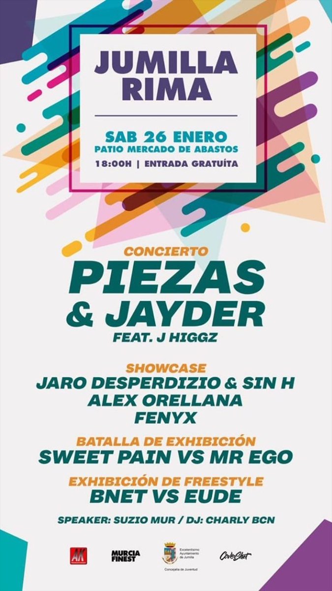 Sabado 26/Enero/2019 18:00h #JumillaRima. Gratis, en el Patio del Mercado de Abastos #Jumilla. Shows by @Piezas750 & @jayderpro ft @RHiggs92 + @JaroDesperdizio & @sinhate + @alexorellana__ con #speaker @suziomur y #DJ @Charly_bcn_trk tirando ritmos.
#HipHop #Rap #Trap #UrbanMusic